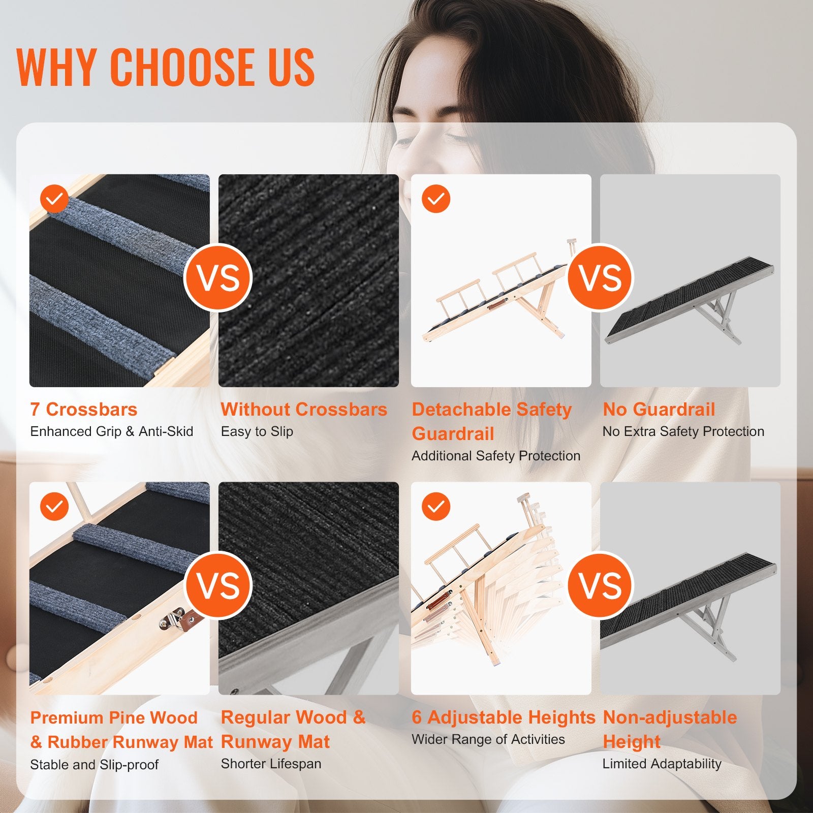 Dog Ramp, Folding Pet Ramp For Bed, Adjustable Dog Ramp For Small, Large, Old Dogs & Cats, Wooden Pet Ramp With 47.2' Long Ramp, Adjustable From 13.8' To 27.6', Suitable For Couch, Sofa, Car