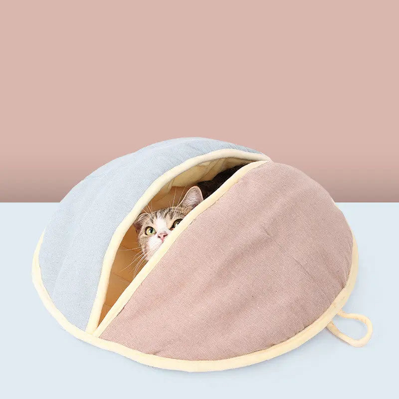 Round Fan Cotton And Linen Wool Warm Semi Enclosed Pet Nest For Cat Small Dog 1